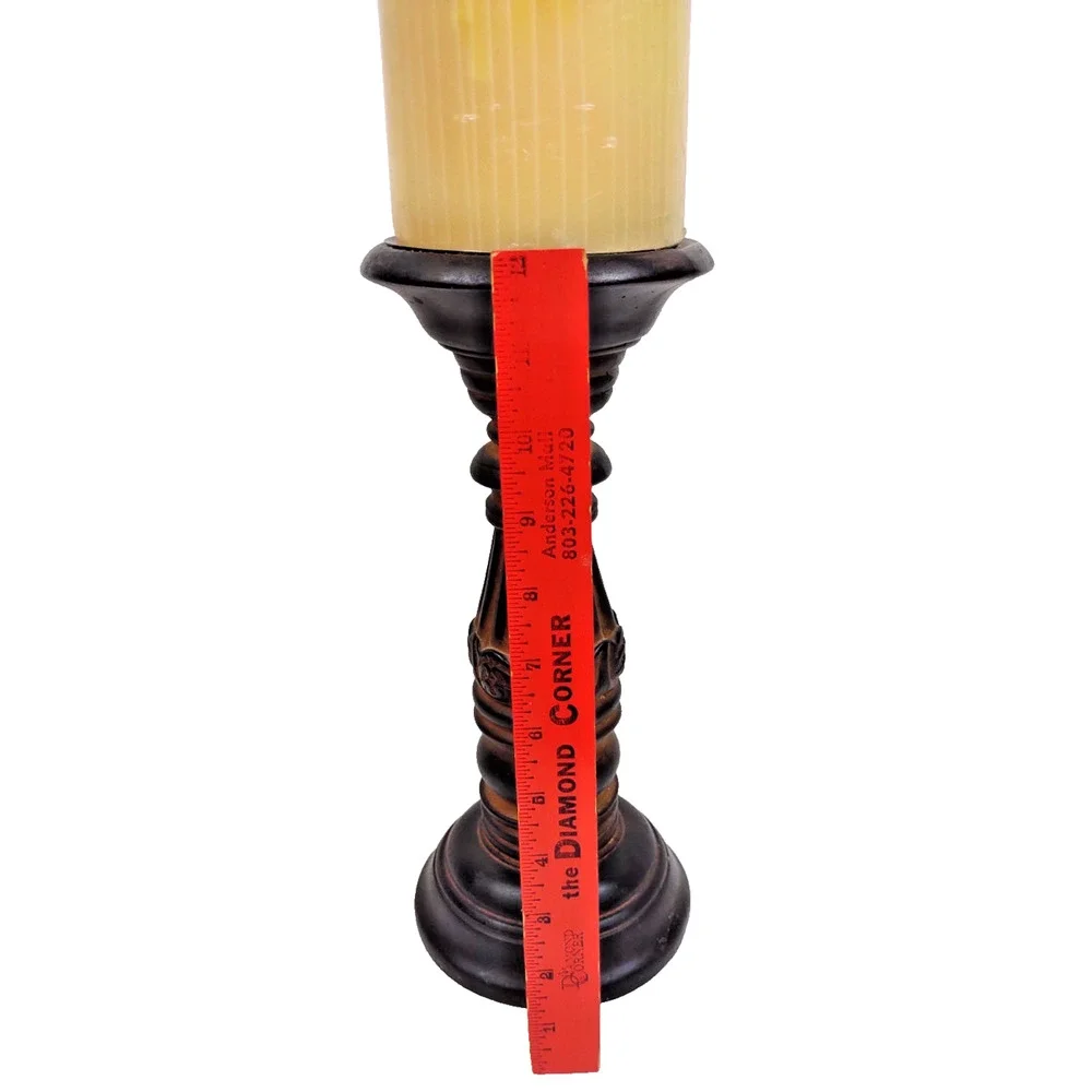 Vintage 12” Wooden Collectible Pillar Candlestick Holder with Carving, 4” Candle
